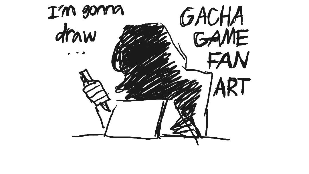 A drawing of the dark timeline where I stopped drawing what I wanted and instead drew gacha game fanart (save me plz)