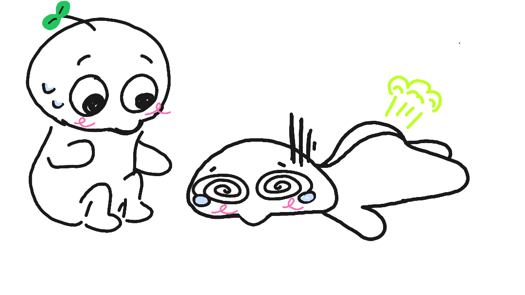 He fell... (And farted) so he's pretty embarrassed :(
But, Goob's there to help him back up ^^