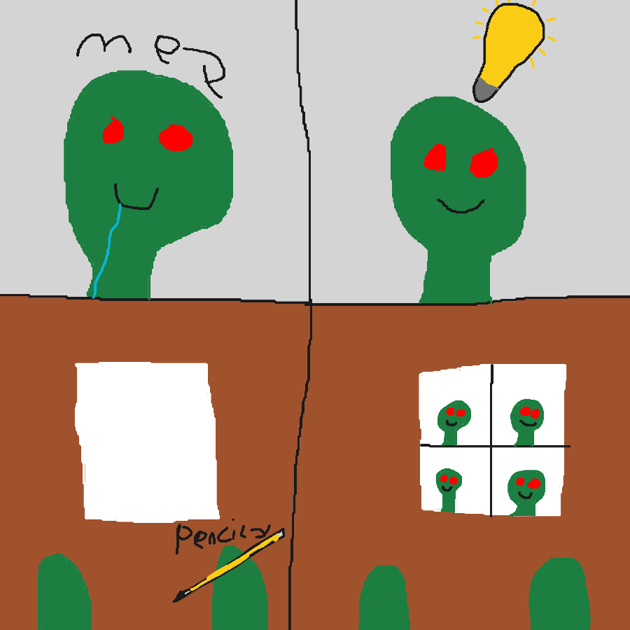 Evil guy has an idea and draws a comic