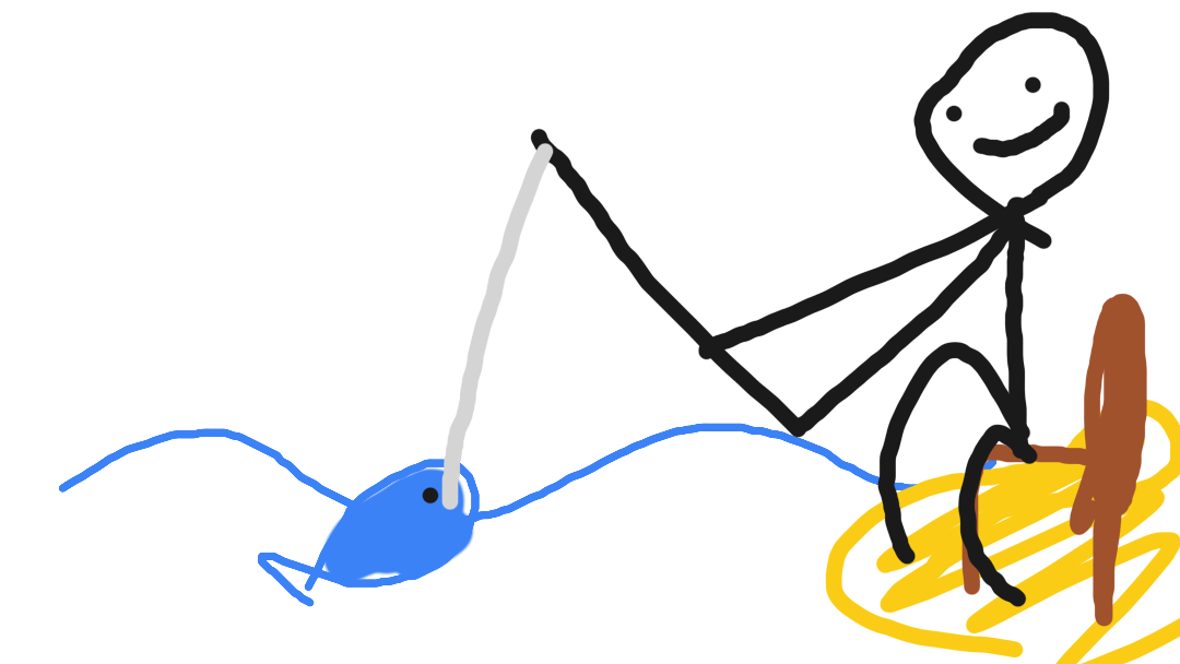 I go beach I set my chair I sit on my chair I take fishin rod I put bait so I get fish I throw I cath fish ez byebye