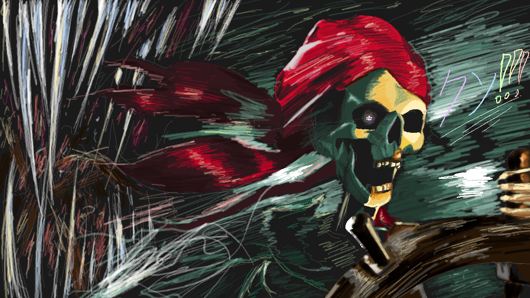 "Behind the island of the stairway, the anglerfish chases down a skeleton's pirate boat."